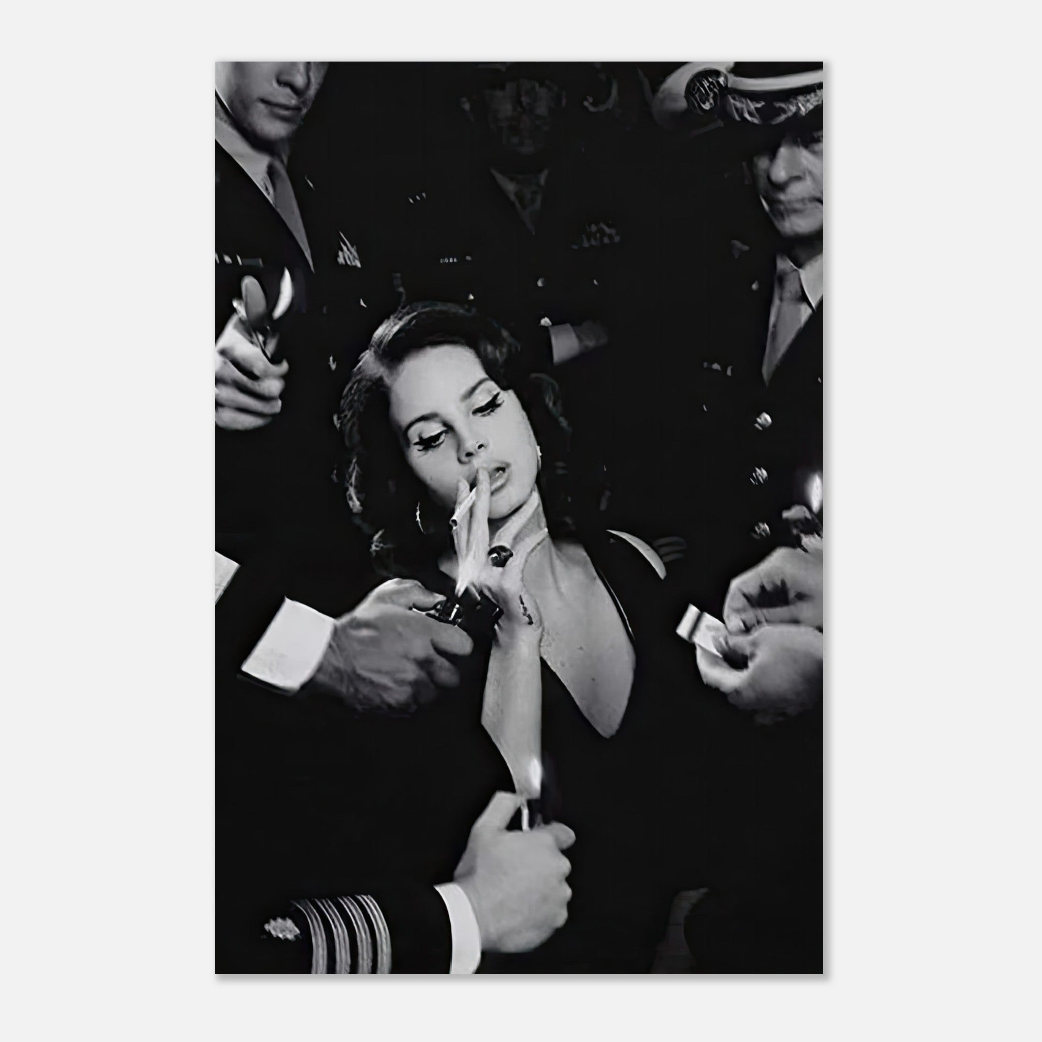 Lana Del Rey in black-and-white metal print, smoking with a sultry pose surrounded by admirers.