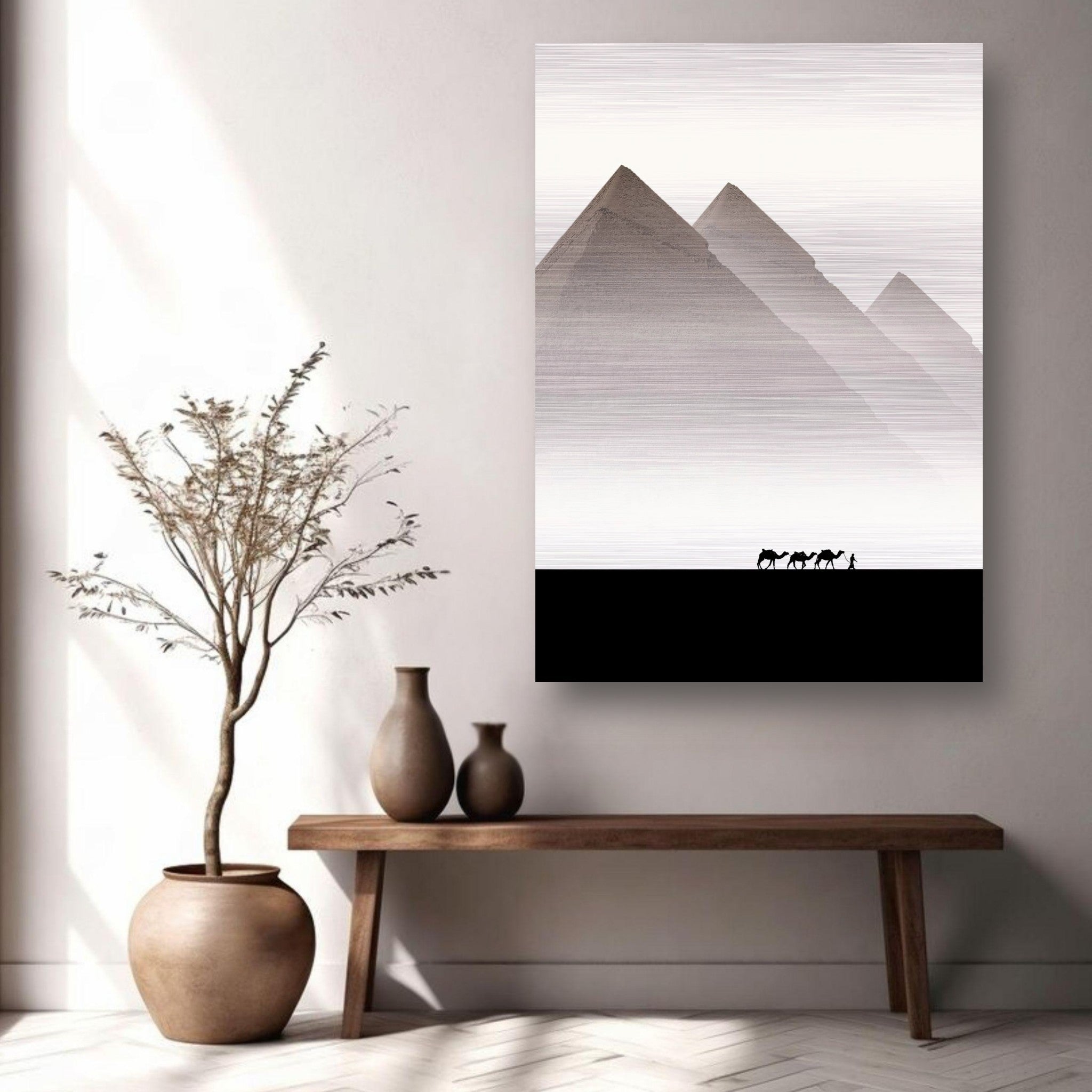 Pyramids of Giza brushed metal artwork in modern minimalist decor, featuring subtle gradients and elegant lines.