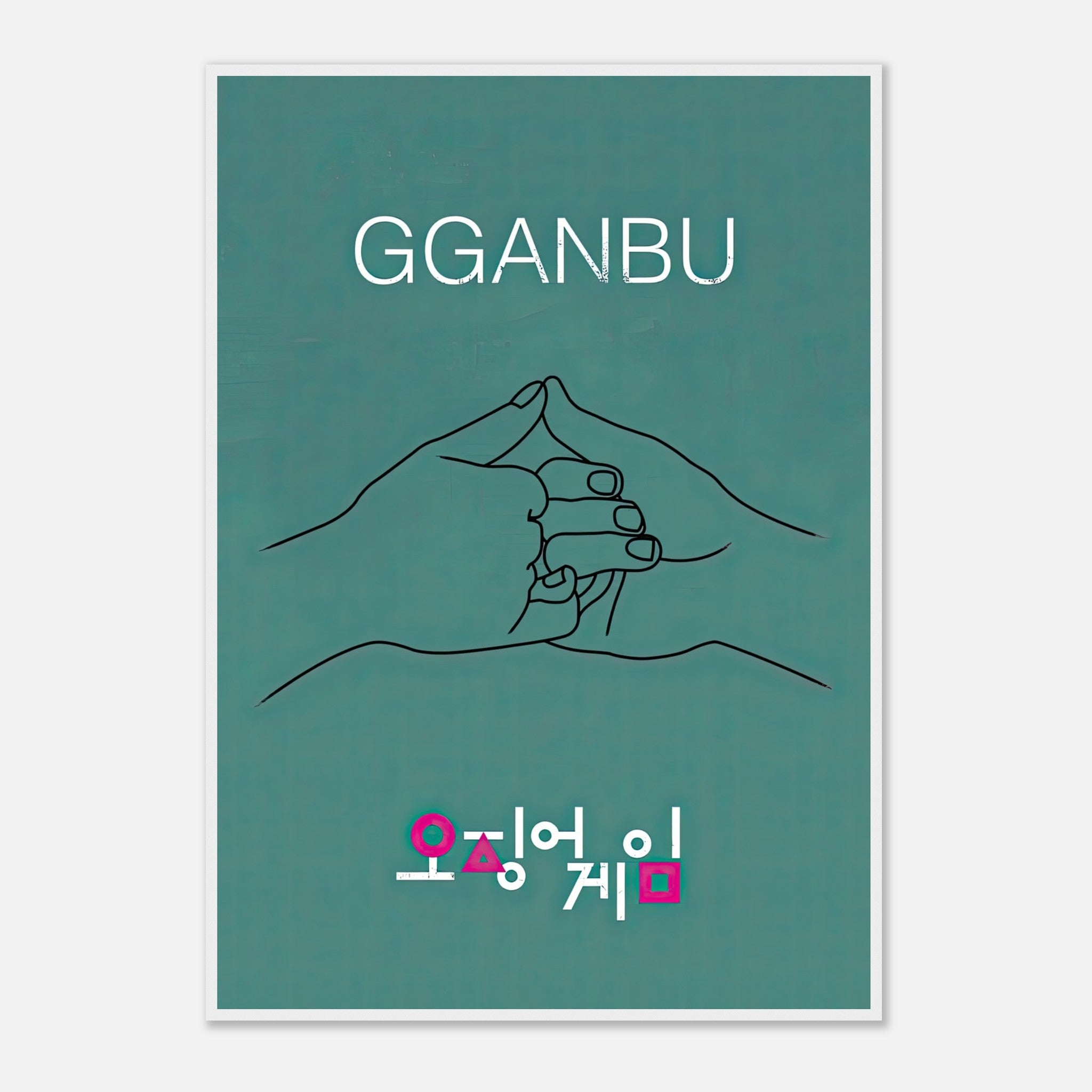 GGANBU Squid Game framed print featuring iconic handshake design on teal background. Perfect art for fans of the series.