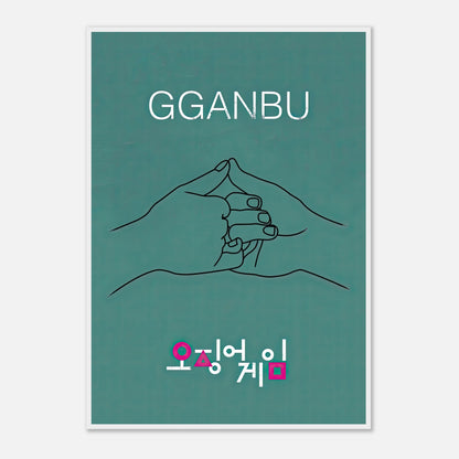 GGANBU Squid Game framed print featuring iconic handshake design on teal background. Perfect art for fans of the series.