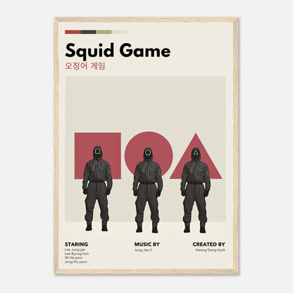 Vintage Squid Game framed print featuring iconic characters in minimalist design with bold retro elements.