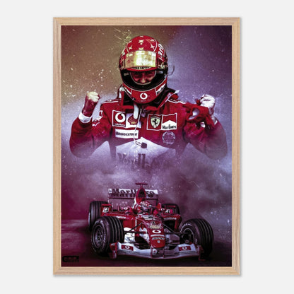 Michael Schumacher fine art print featuring Schumacher in Ferrari suit with his championship car, capturing speed and victory.