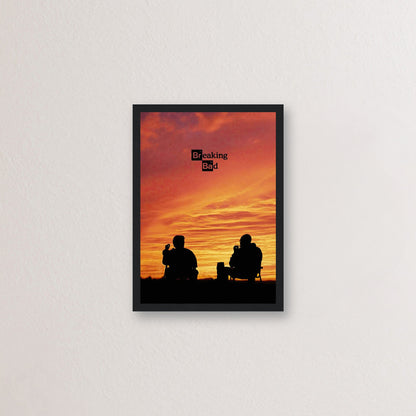 Framed Breaking Bad poster featuring Walter White and Jesse Pinkman silhouetted against a sunset.