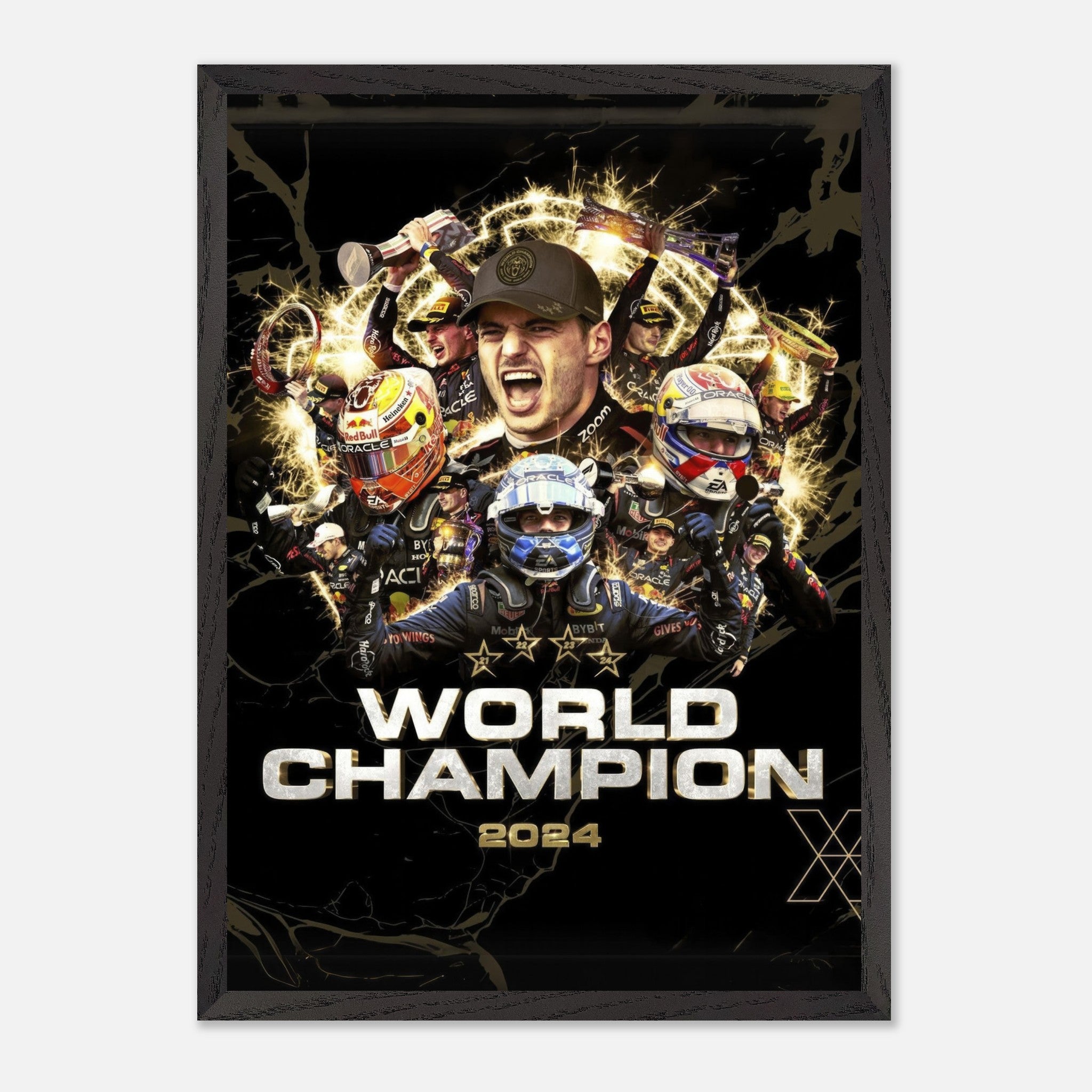 Max Verstappen 2024 F1 World Champion fine art print featuring his triumphant racing moments and vibrant design.