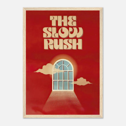 Framed print of "The Slow Rush" with retro typography and cloud details on a rich red background.