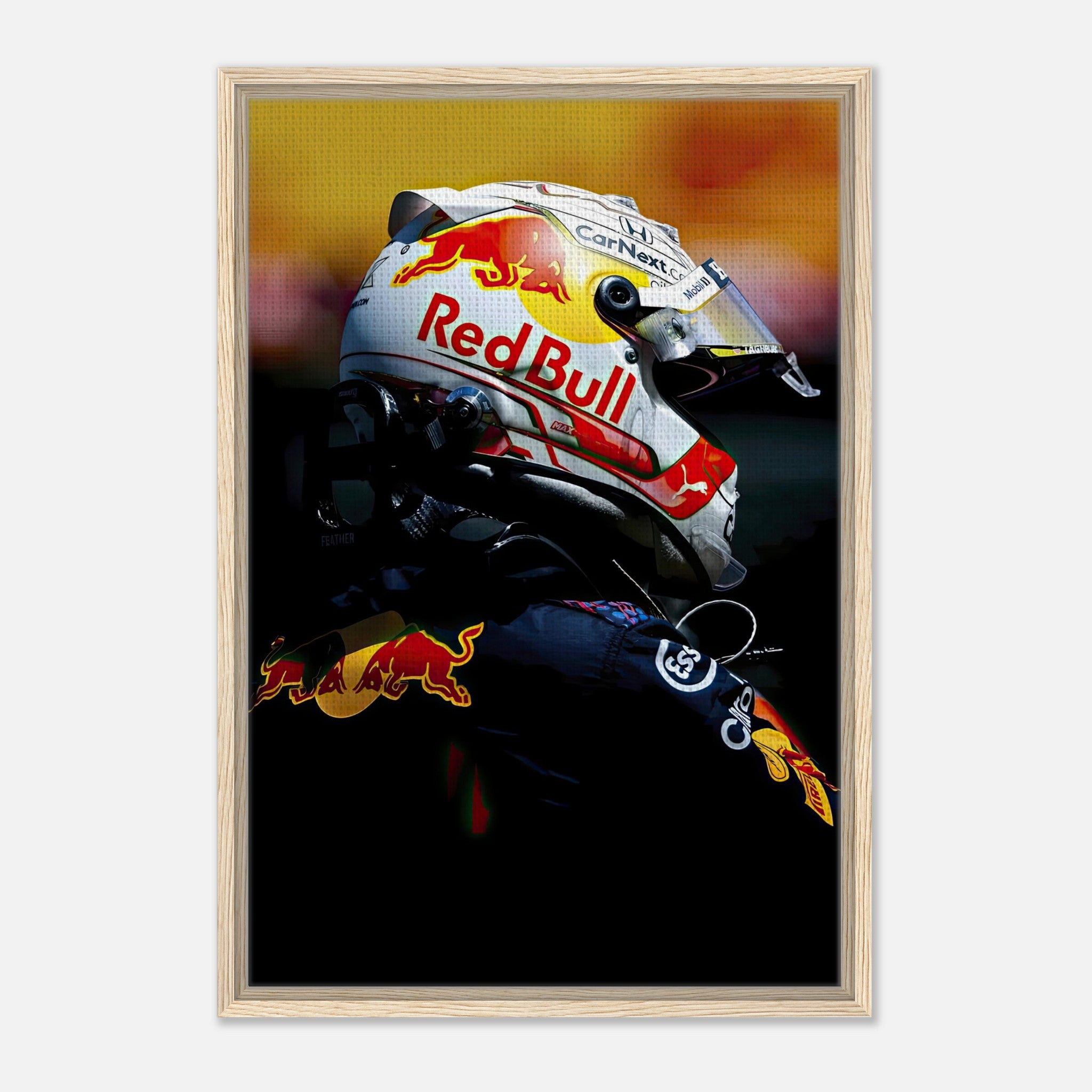 Framed canvas print of Max Verstappen in Red Bull helmet, showcasing vibrant colors and premium craftsmanship.