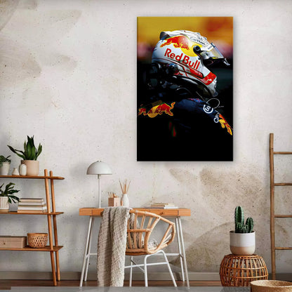 Max Verstappen canvas print featuring Red Bull Racing helmet, perfect for adding energy to any decor.