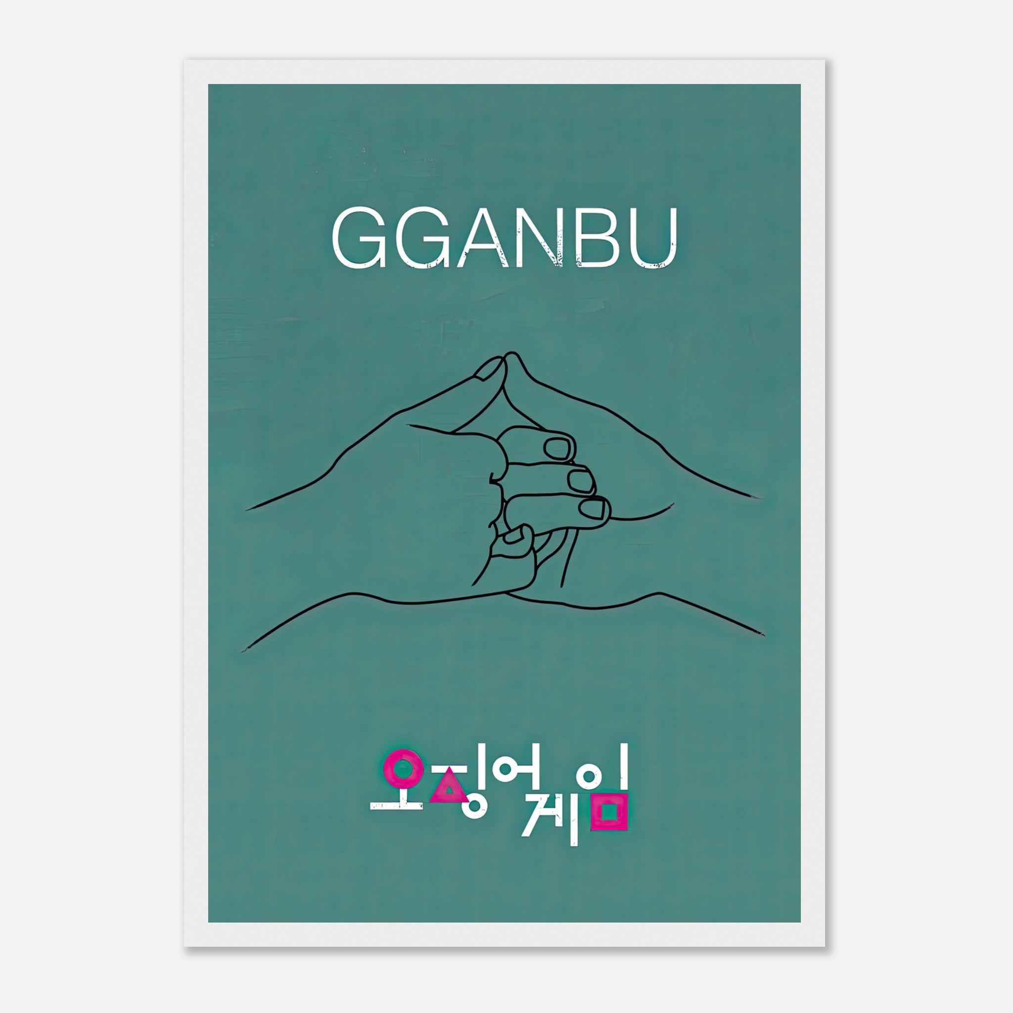 GGANBU Squid Game framed print featuring minimalist design of handshake on teal background. Perfect for fans and decor.