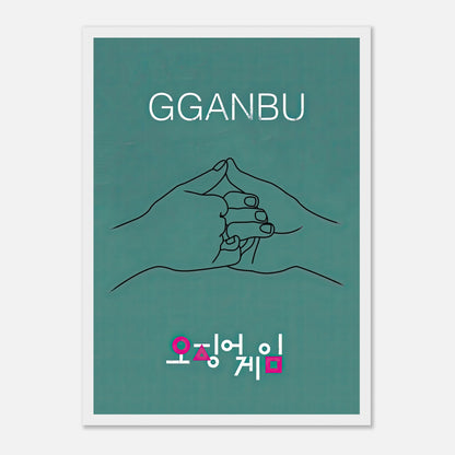 GGANBU Squid Game framed print featuring minimalist design of handshake on teal background. Perfect for fans and decor.