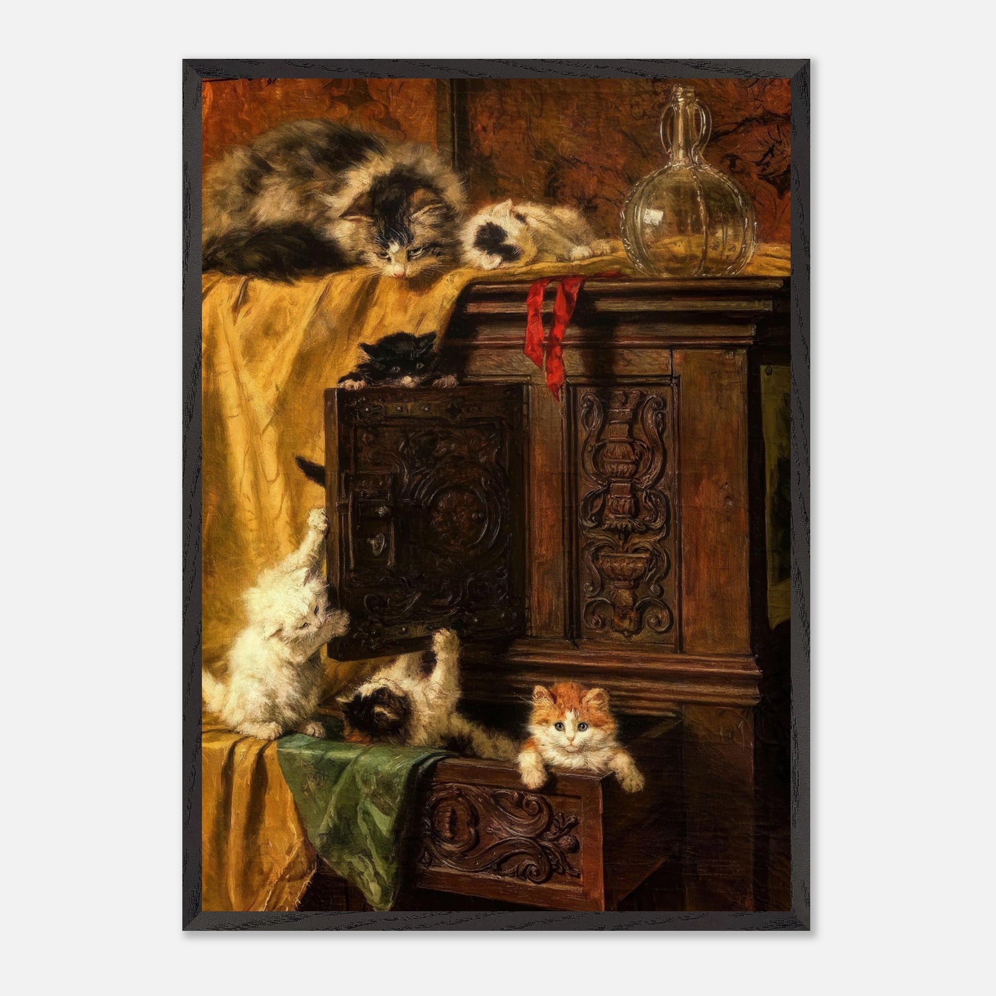 Vintage cat painting of playful kittens on an ornate cabinet, capturing 19th-century fine art elegance.