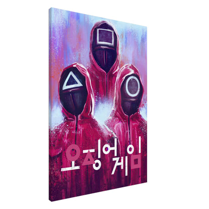 Squid Game canvas print featuring iconic masked characters in vibrant red and purple with Korean text for an authentic touch.