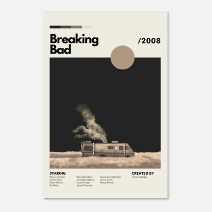 Vintage RV Breaking Bad metal print showcasing the iconic RV in a dramatic desert scene, perfect for fans of the series.