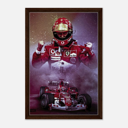 Framed canvas print of Michael Schumacher celebrating in his Ferrari, showcasing his iconic Formula 1 legacy.