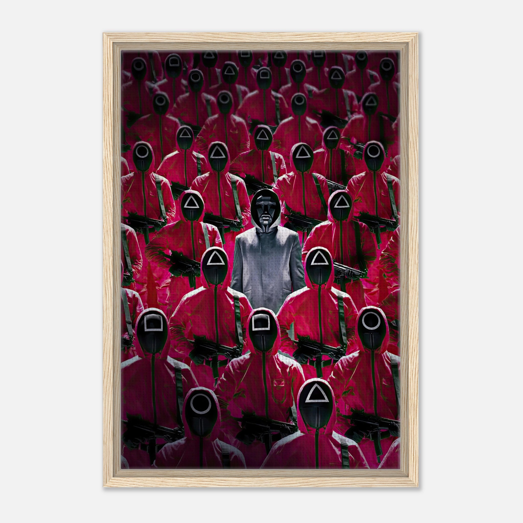 Squid Game Guards Framed Canvas Print showcasing iconic red uniforms and masks, creating a dramatic and suspenseful artwork.