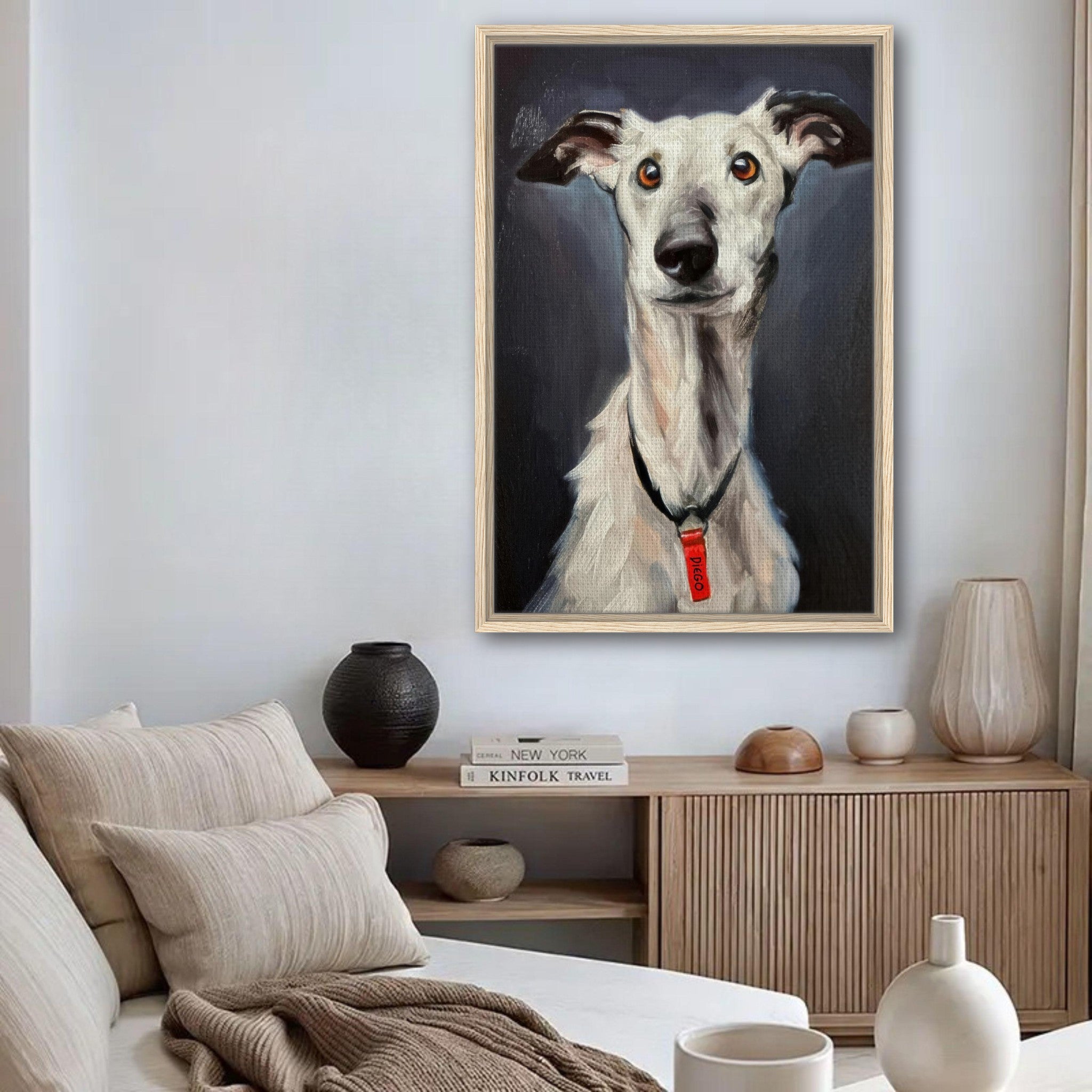 Elegant framed canvas print of a greyhound dog painting enhancing home decor.