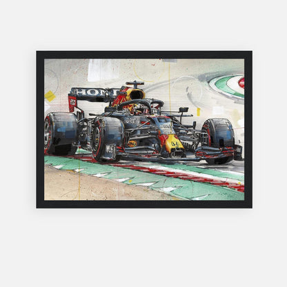 Max Verstappen framed print featuring Red Bull Racing car in vibrant illustration on premium paper, ideal for home decor.