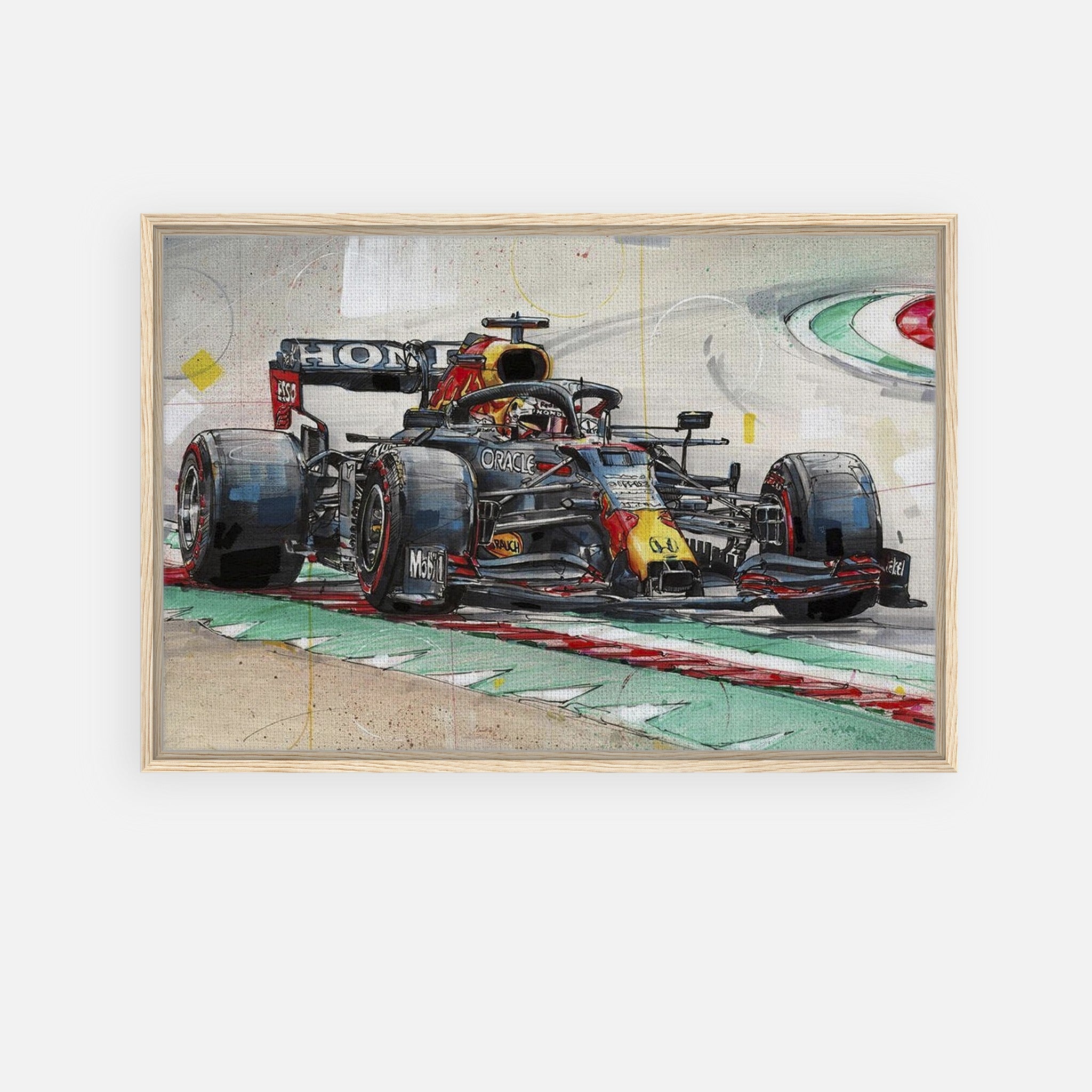 Framed canvas print of a Max Verstappen racing scene with his Red Bull car on track, showcasing vibrant colors and detail.