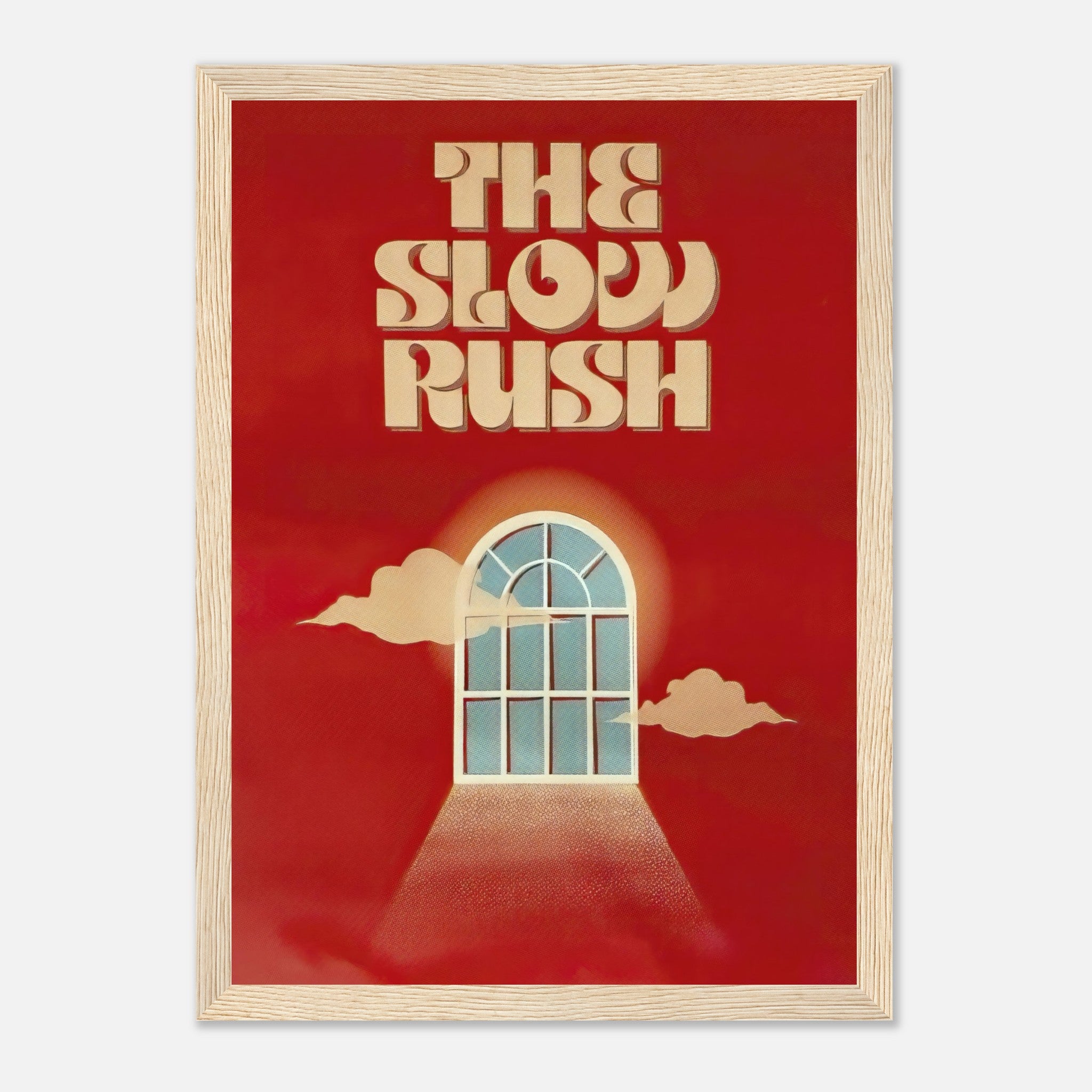 The Slow Rush framed print featuring retro typography and a dreamlike portal design on a rich red background.