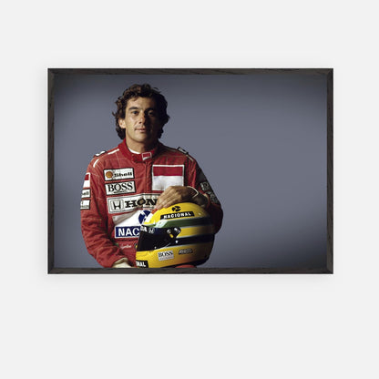 Ayrton Senna portrait in iconic racing suit holding helmet, framed fine art print for motorsport enthusiasts.