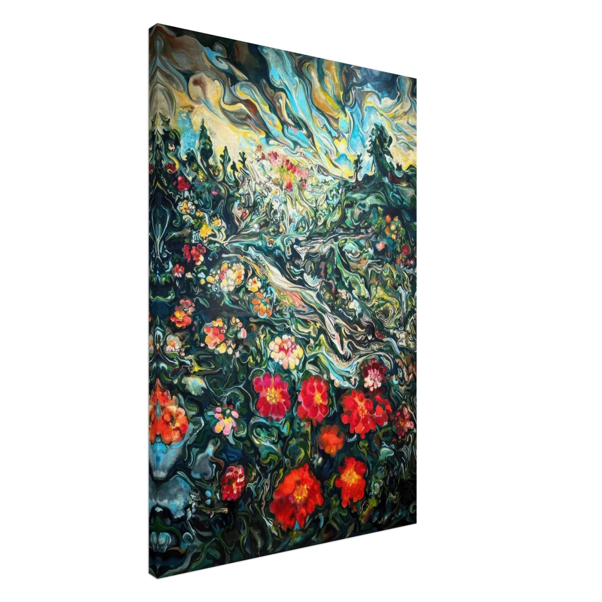 Vibrant Abstract Floral Landscape Painting Canvas Print with swirling colors and intricate flower details.