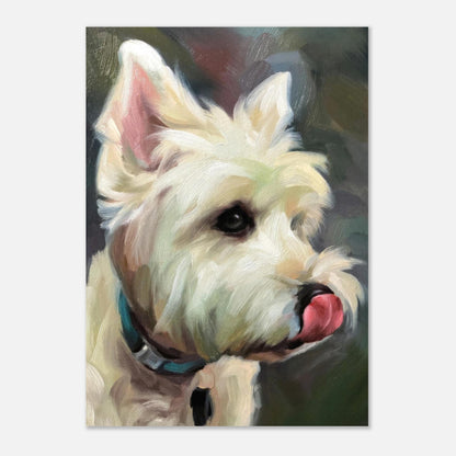 Westie dog painting poster featuring a lifelike oil portrait of a playful West Highland White Terrier.