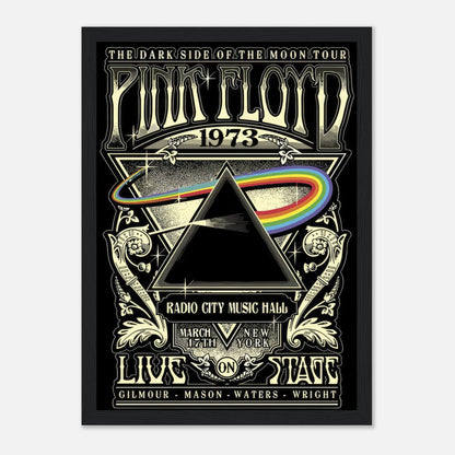 Pink Floyd 1973 The Dark Side of the Moon tour poster framed print featuring iconic prism and rainbow design.