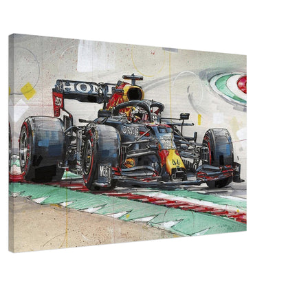 Max Verstappen painting on canvas, showcasing a vibrant Formula 1 car in action on the racetrack. Perfect for racing fans.