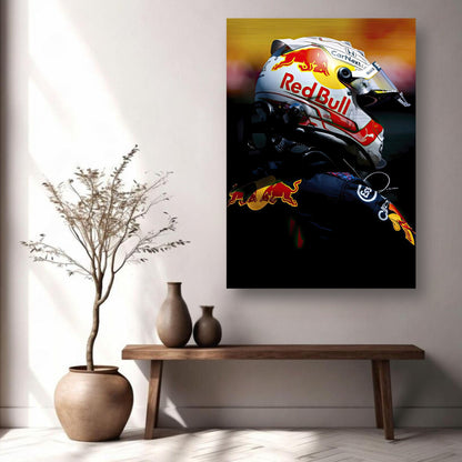 Brushed metal print of Max Verstappen in Red Bull Racing helmet, showcasing modern decor style and vibrant colors.