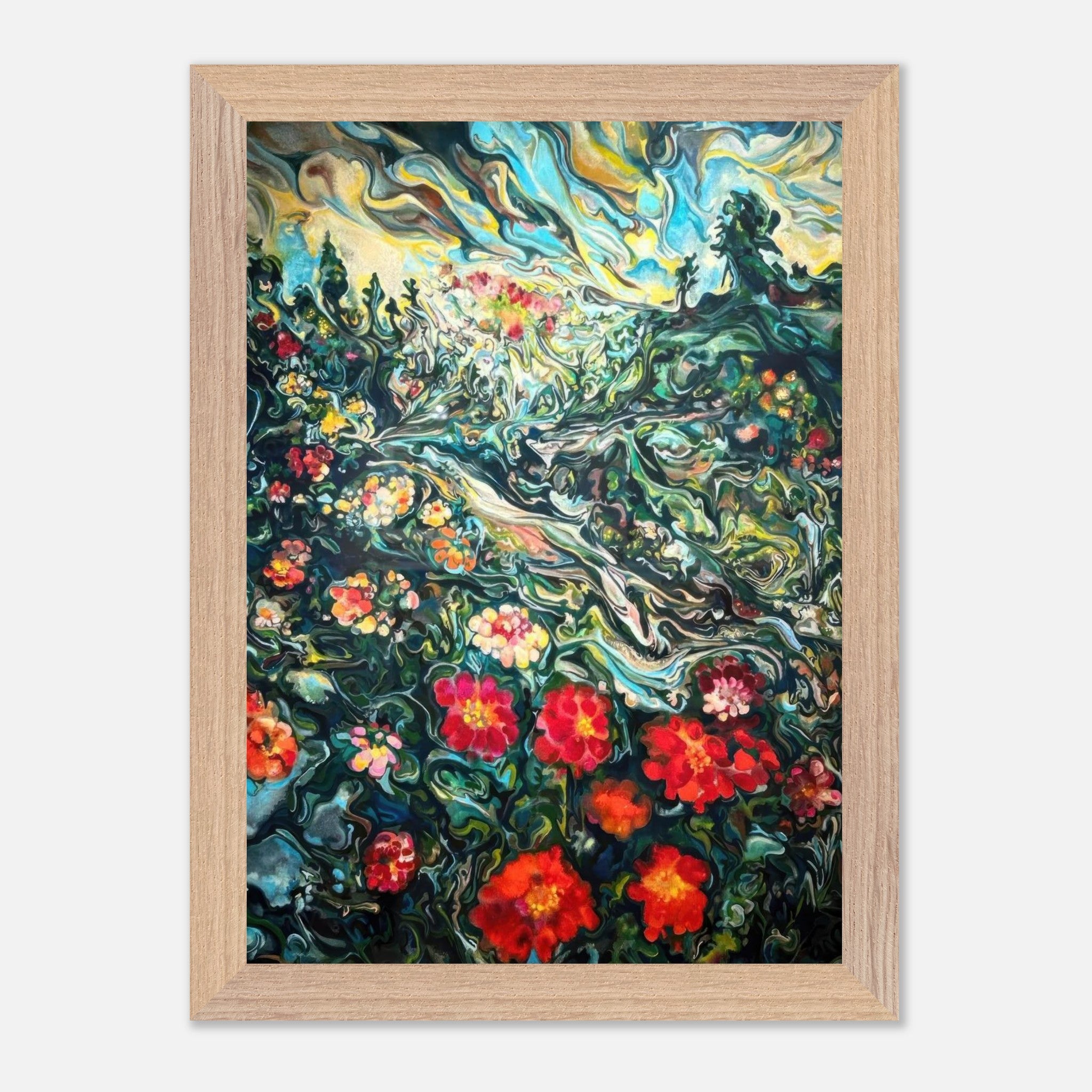 Abstract floral landscape painting in vintage frame, featuring vibrant red and pink flowers against lush green backdrop.