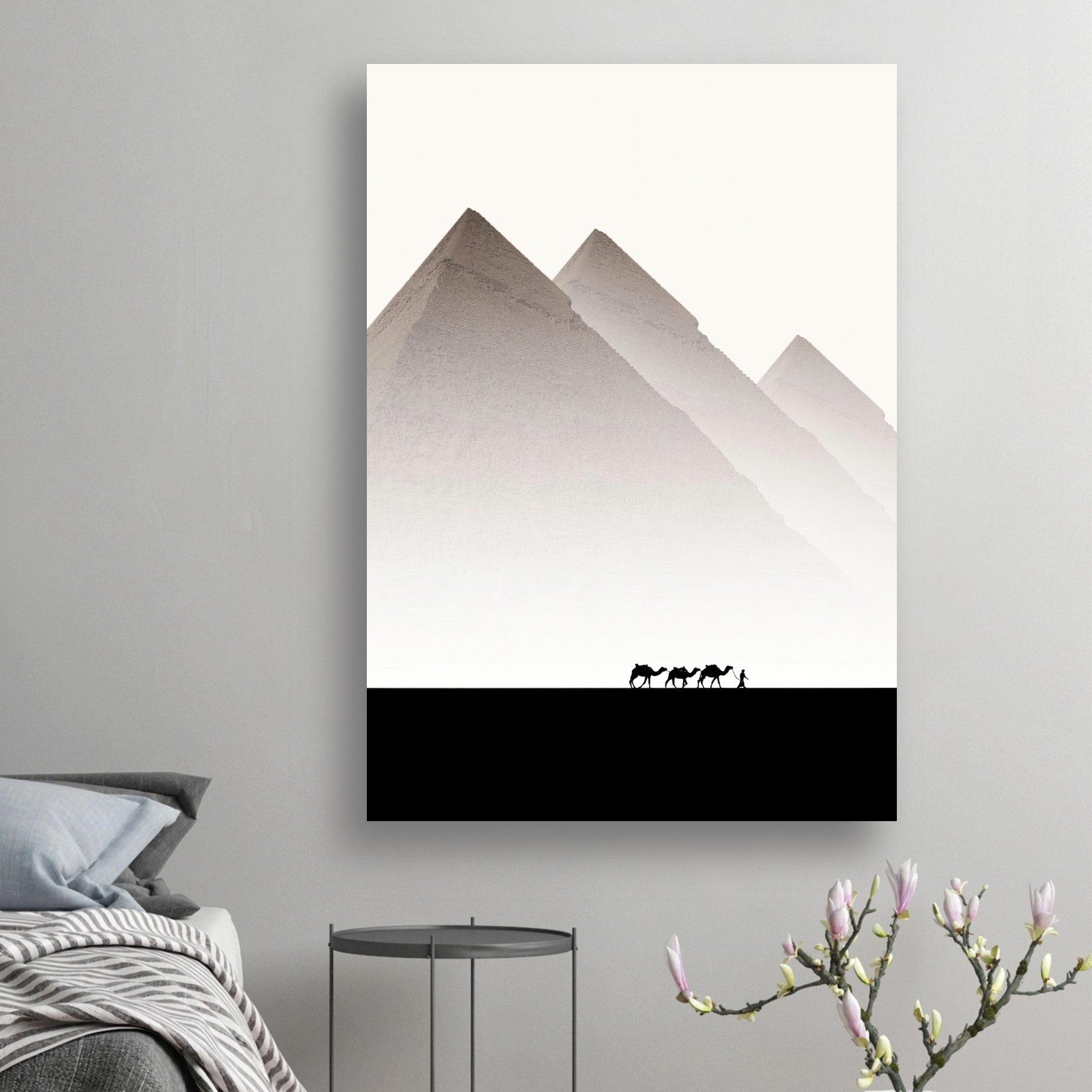 Pyramids of Giza poster featuring camel caravan silhouette against minimalist background, perfect for home decor.