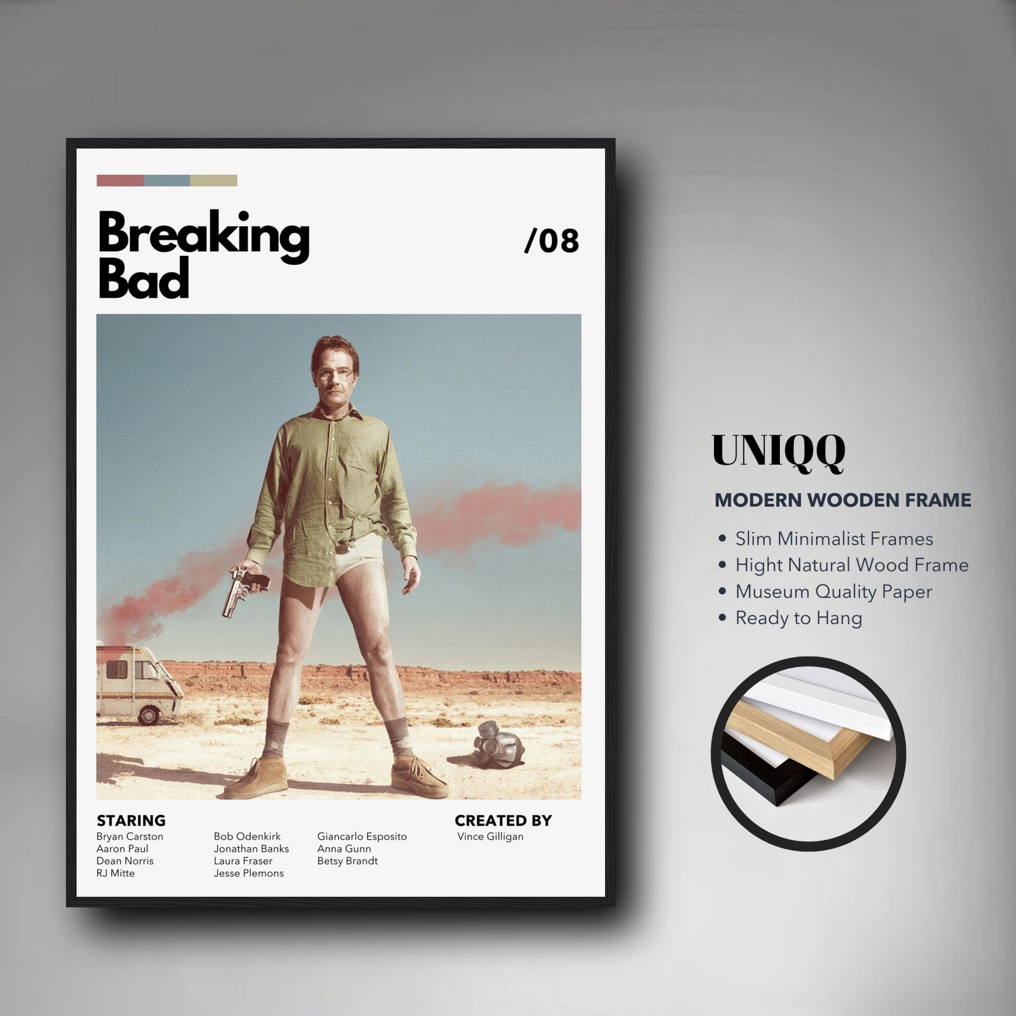 Retro Breaking Bad framed poster featuring Walter White in a desert scene, stylish minimalist design for wall art.