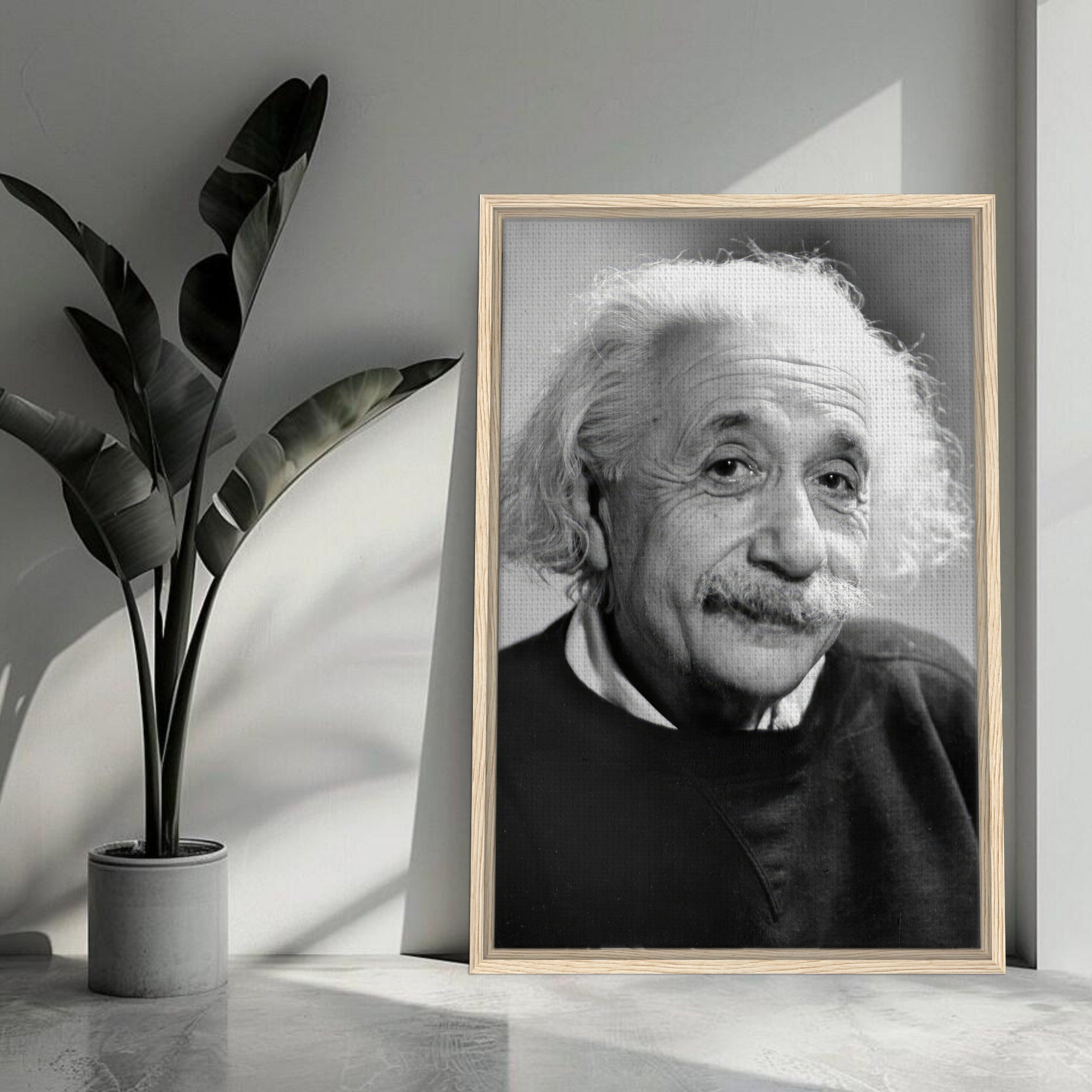 Framed black and white portrait of Albert Einstein in 1946, showcasing his wise expression and timeless charm.