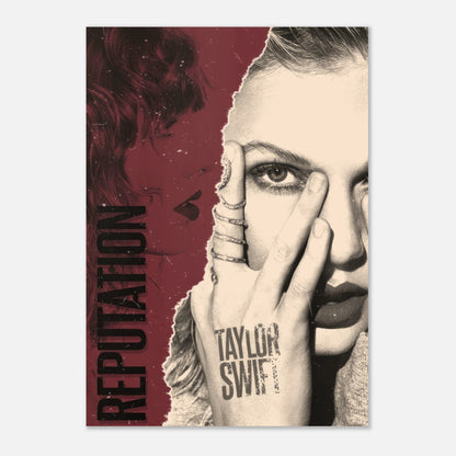 Taylor Swift Reputation poster featuring striking dual-tone design and captivating gaze of the artist. Perfect for fans.