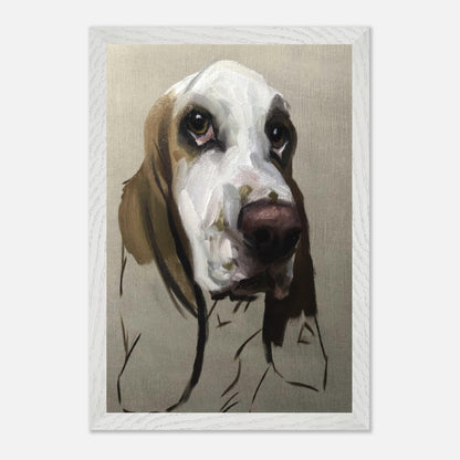Basset Hound dog painting in museum quality, showcasing soulful expression and fine art detail.