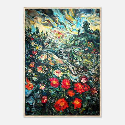 Abstract floral landscape painting framed print with vibrant colors and swirling details, ideal for home decor.