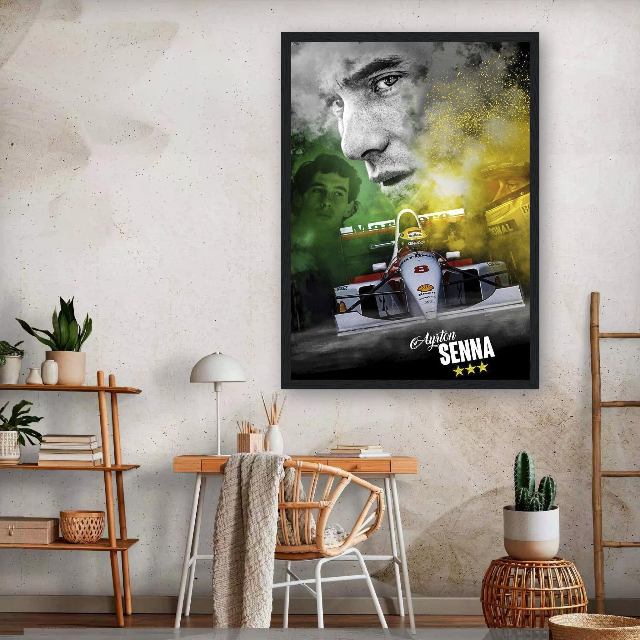 Framed print of Ayrton Senna in a McLaren car, showcasing vibrant colors and dynamic artwork for stylish decor.