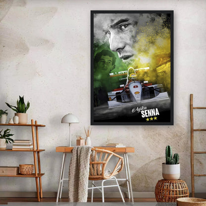 Framed print of Ayrton Senna in a McLaren car, showcasing vibrant colors and dynamic artwork for stylish decor.