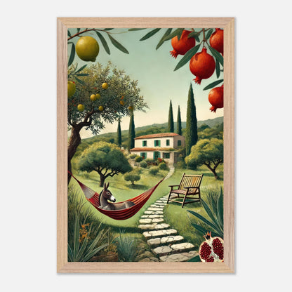 Art print of a serene Mediterranean landscape featuring a donkey in a hammock, surrounded by lush trees and a charming villa.