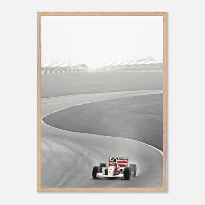 1988 Ayrton Senna McLaren MP4/4 in action on track, framed Giclée fine art print capturing Formula 1 racing essence.