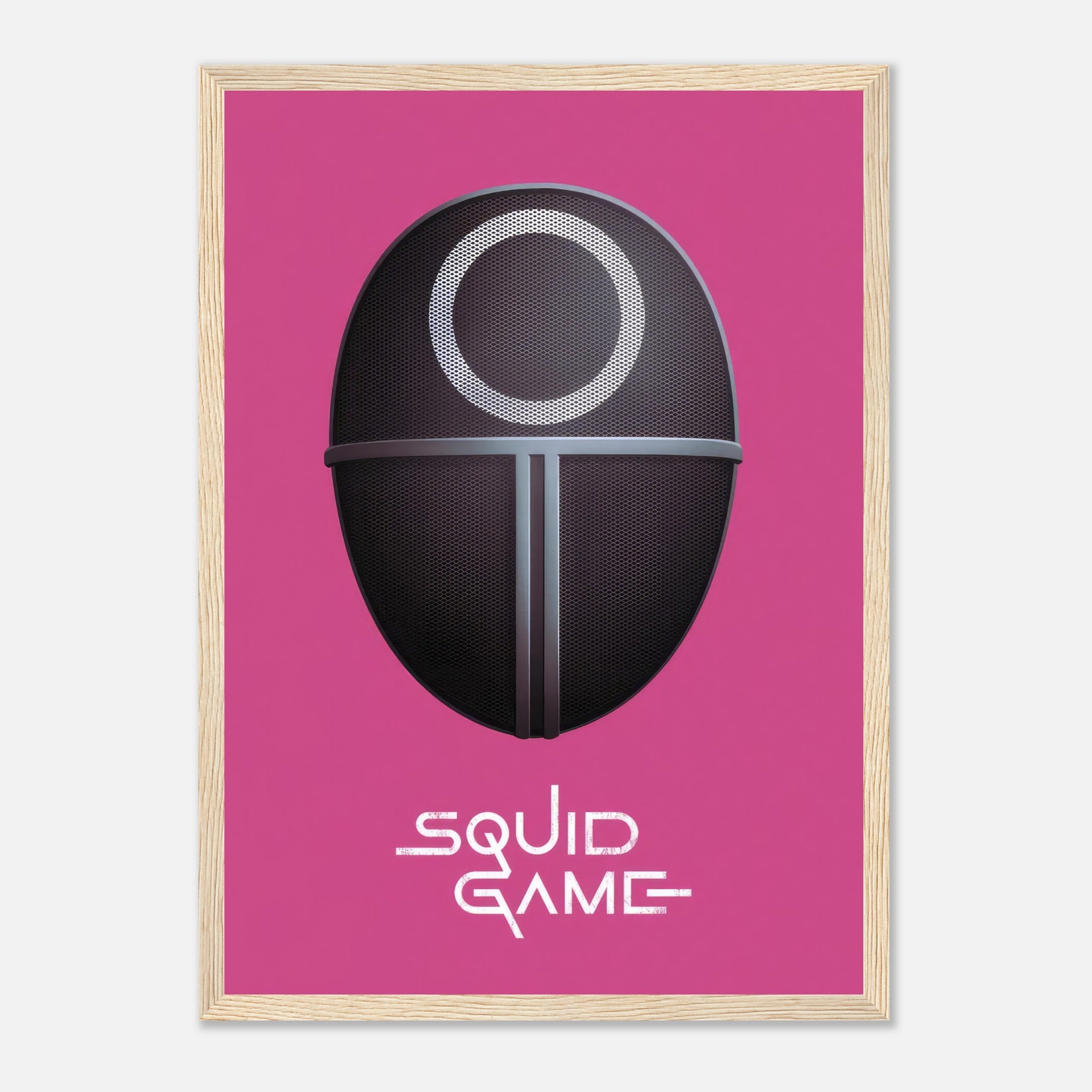 Squid Game Guard Mask Framed Print on a bold pink background with sleek black framing, ideal for fans of the Netflix series.