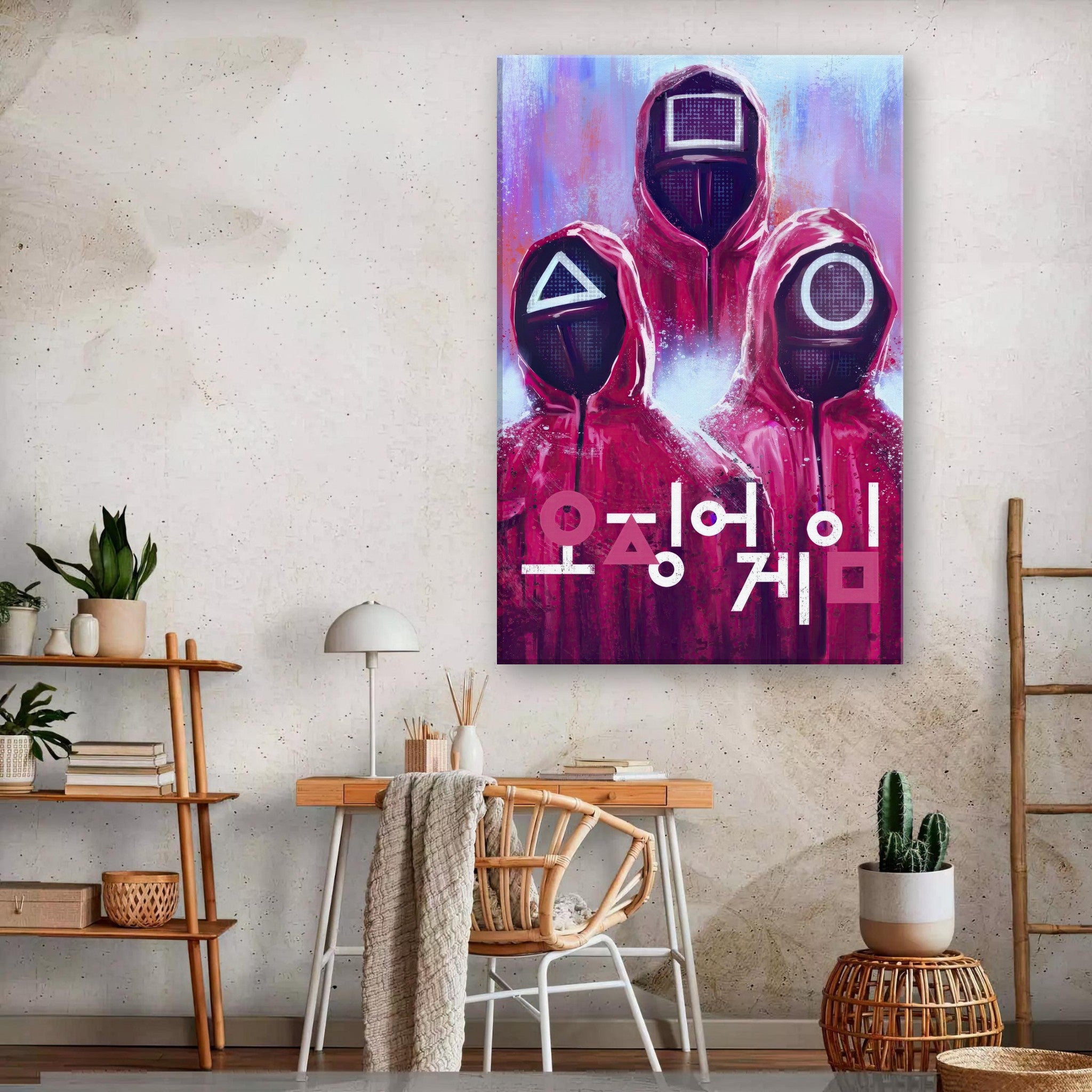 Squid Game canvas print featuring iconic masked characters and Korean text, enhancing modern home decor with vibrant colors.