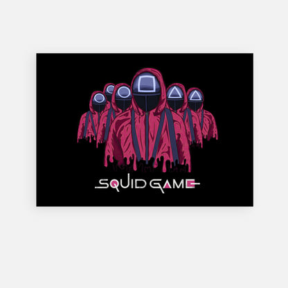 Squid Game Soldiers poster featuring masked characters in red uniforms against a black background. Perfect for fans of the series.