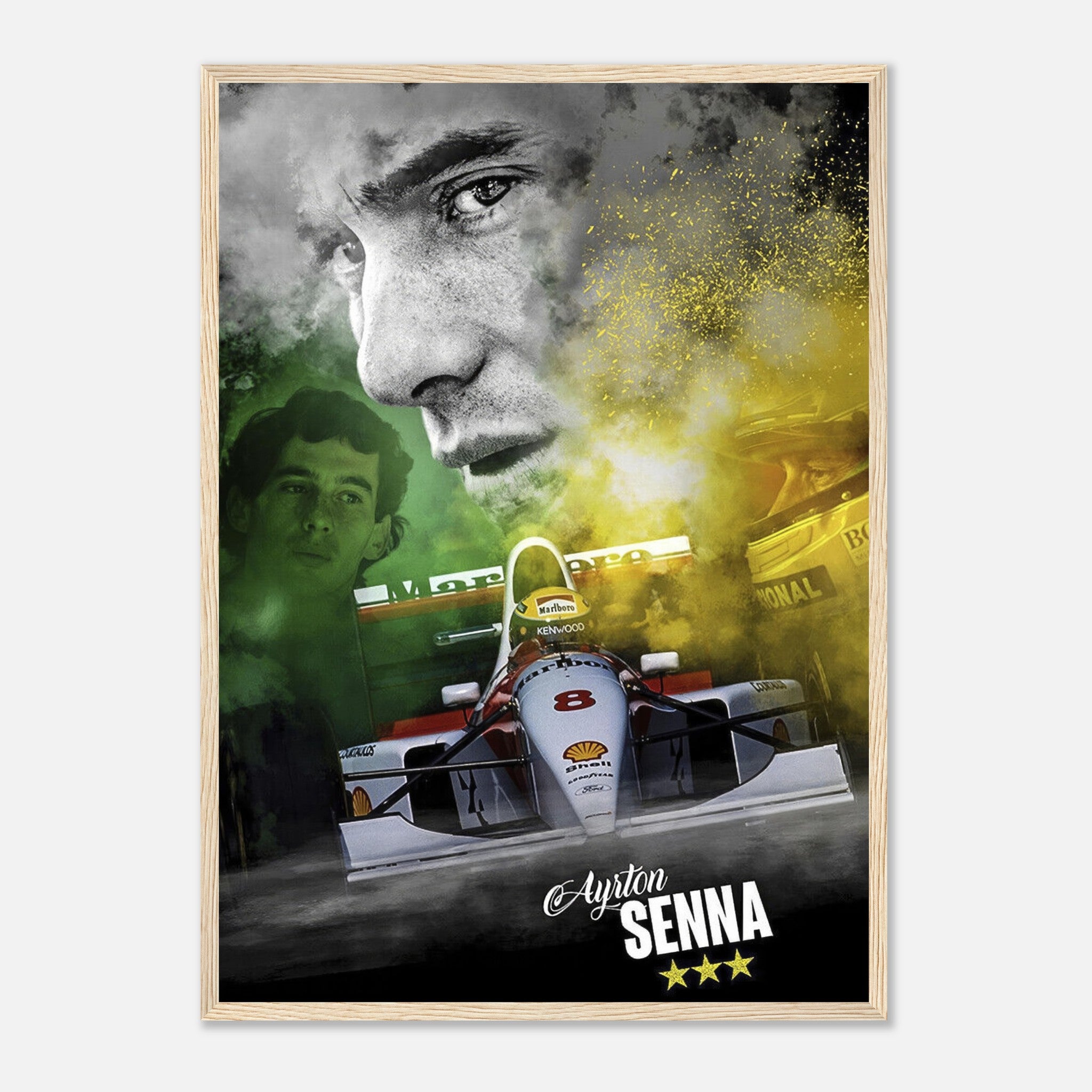 Framed print of Ayrton Senna in McLaren F1 car, featuring vibrant colors and detailed artwork celebrating the racing legend.