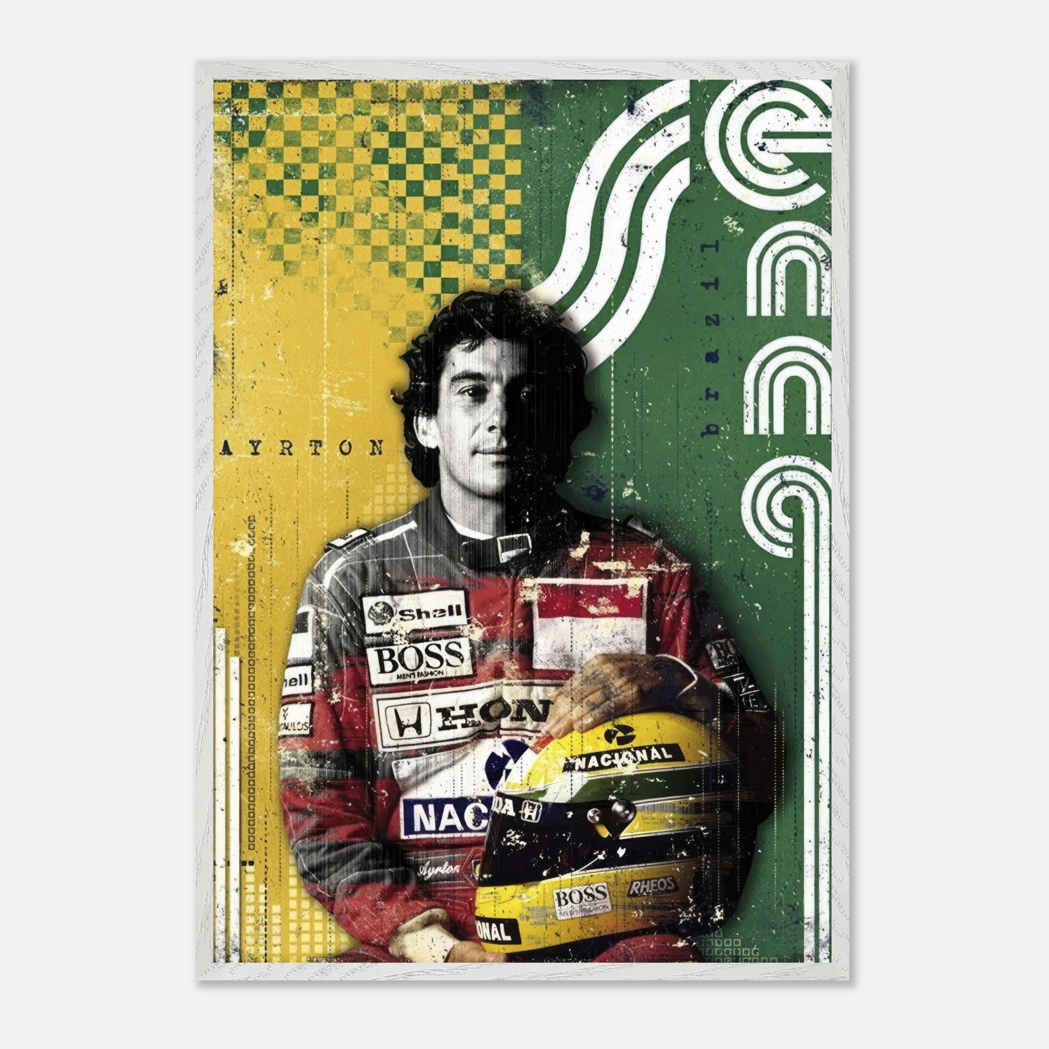 Ayrton Senna vintage framed print featuring bold colors and retro design celebrating the F1 legend's legacy.