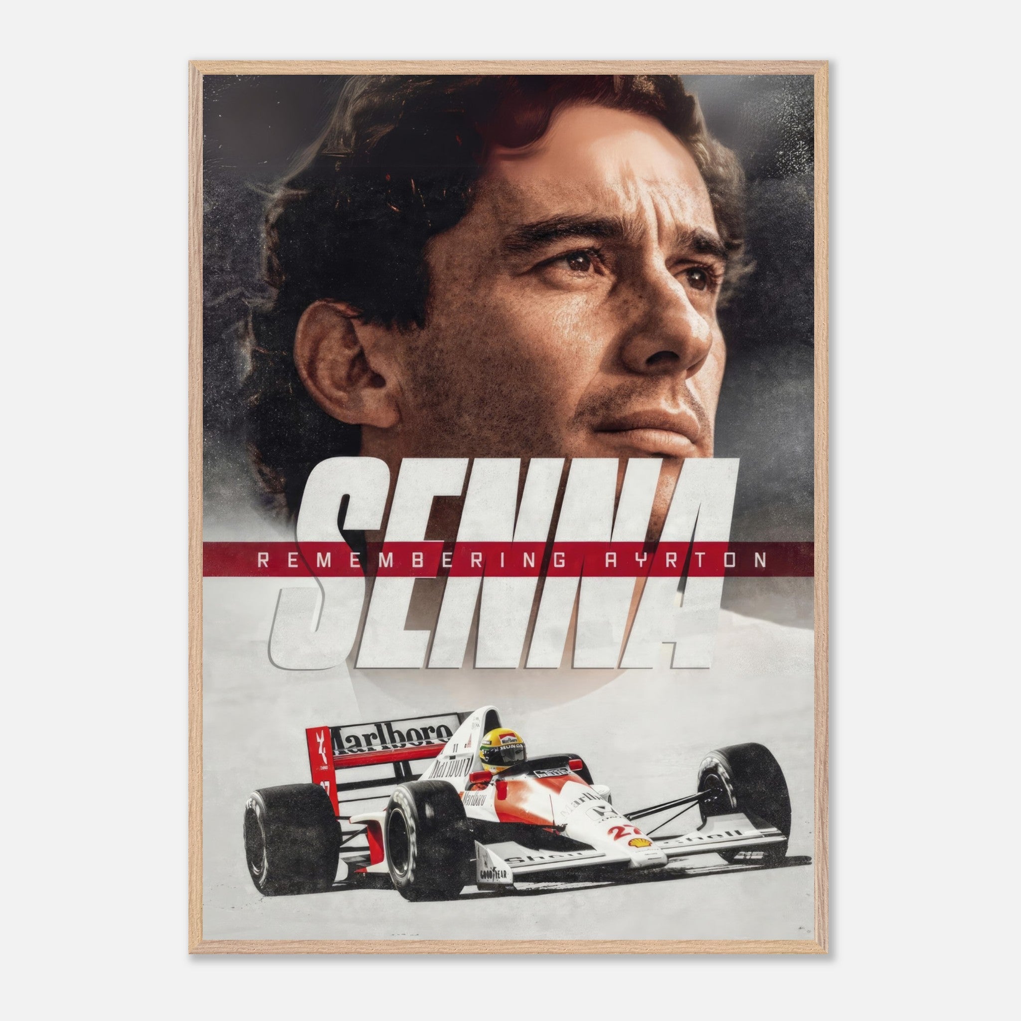 Fine art print honoring Ayrton Senna, featuring his portrait and Formula 1 car, capturing the legacy of a racing legend.