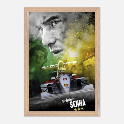 Ayrton Senna framed fine art print featuring racing nostalgia and vibrant colors, celebrating the legacy of a Formula 1 legend.