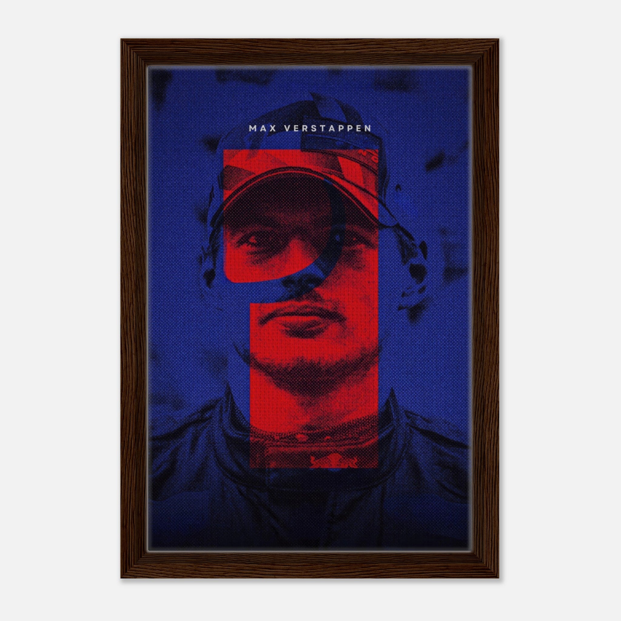 Framed canvas print of Max Verstappen, showcasing bold colors and intricate details in a dynamic F1 design.