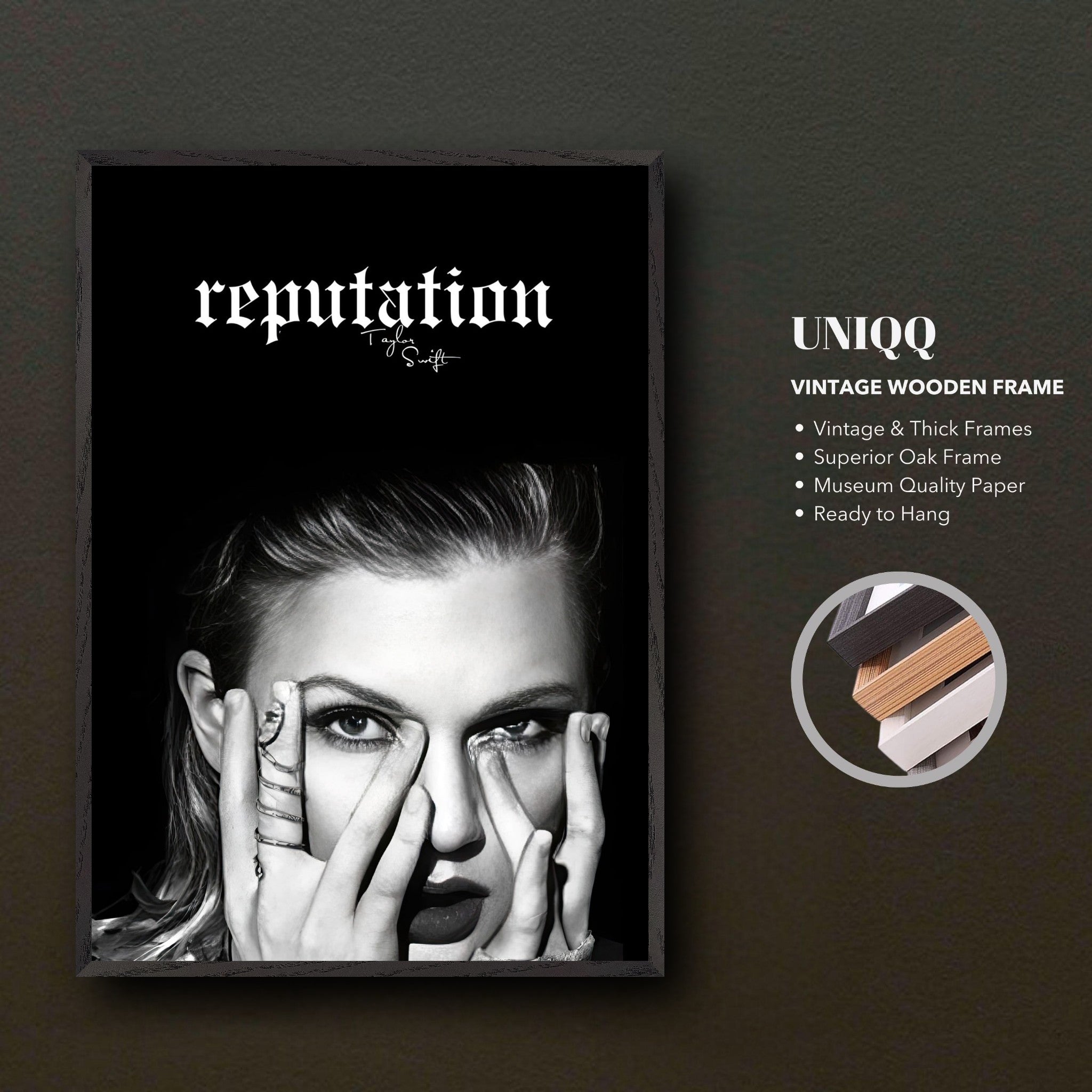 Taylor Swift Reputation vintage framed print with monochrome portrait and bold logo, museum quality finish.