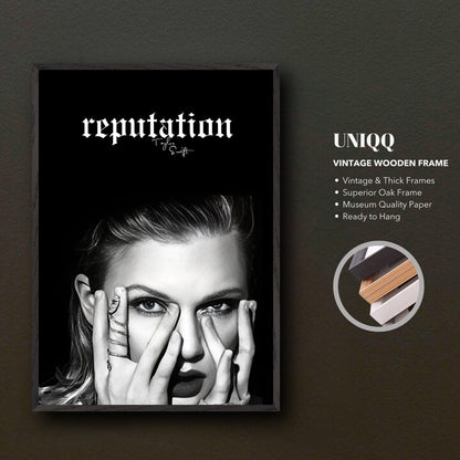 Taylor Swift Reputation vintage framed print with monochrome portrait and bold logo, museum quality finish.