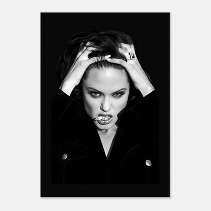 Bold black-and-white poster of Angelina Jolie exuding confidence and sophistication. Perfect for home or office decor.